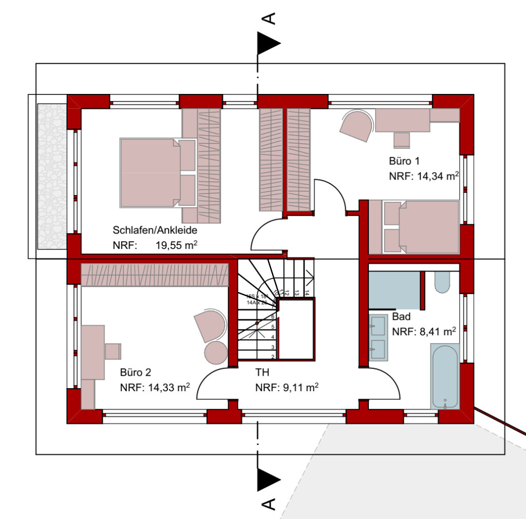 2D-Grundrissplan des Obergeschosses mit Schlafzimmer, Büro, Bad und Treppenhaus