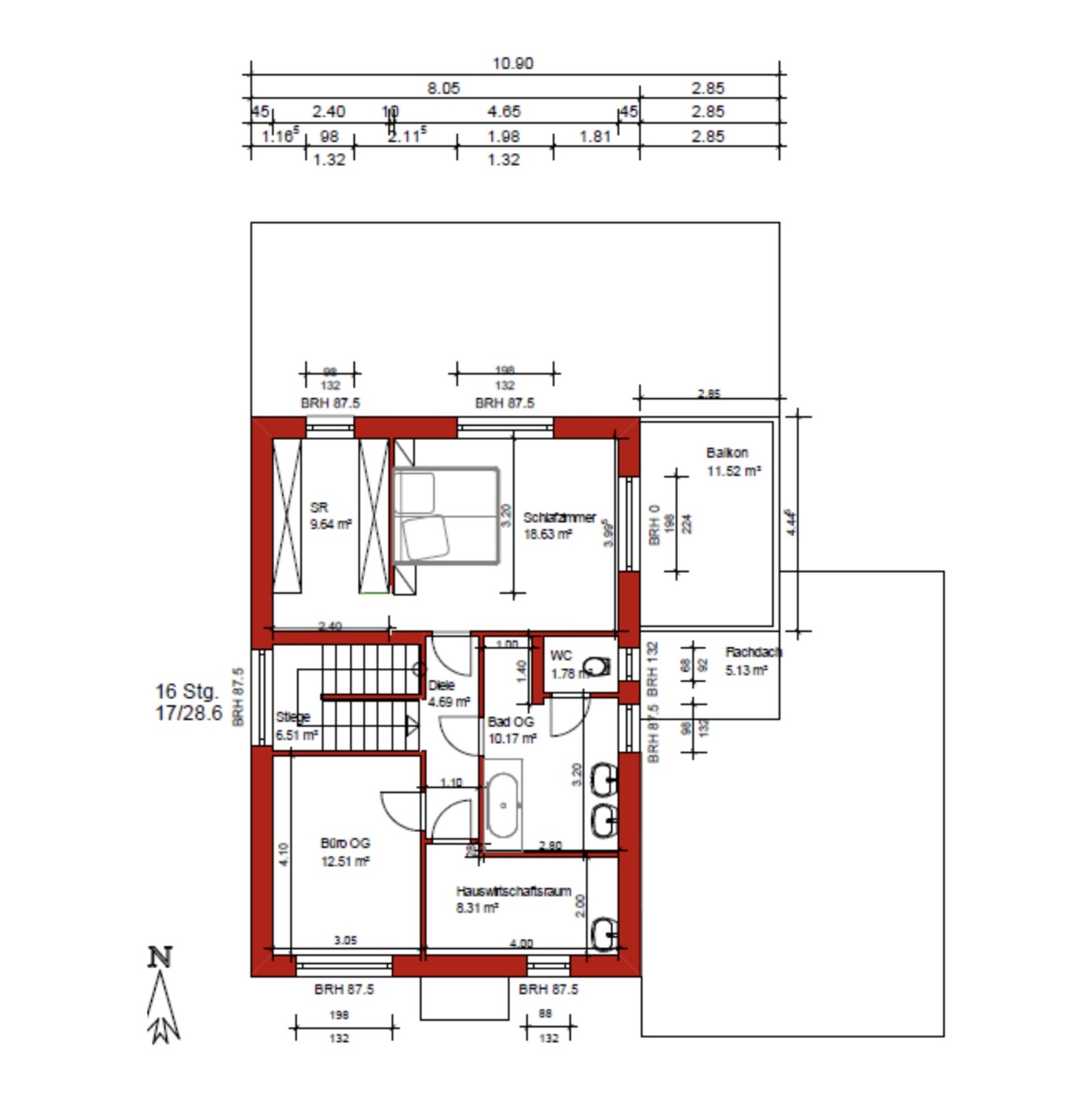 Obergeschoss Grundriss mit Schlafzimmer, Bad, Balkon und Hauswirtschaftsraum