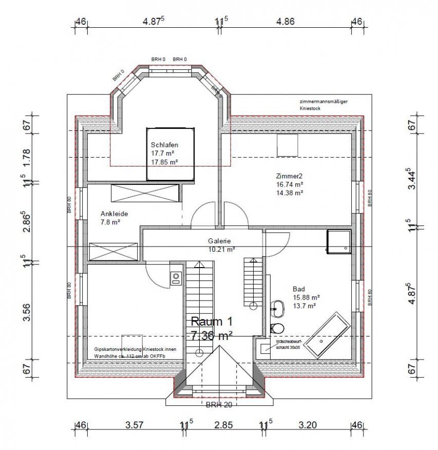 Grundriss Obergeschoss: Schlafzimmer, Zimmer, Bad, Galerie und Treppen