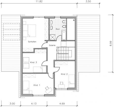 Obergeschoss Grundriss mit Schlafzimmer, Bad, Galerie, Kind 1-3 und Treppe