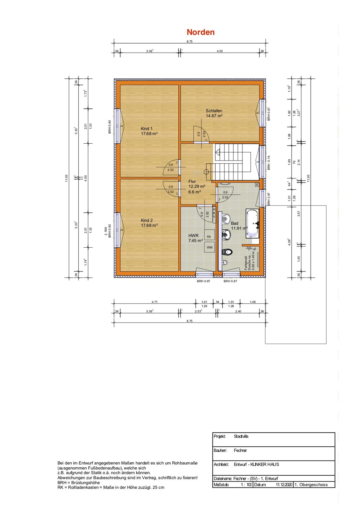 Obergeschoss-Grundriss: Schlafen, zwei Kinderzimmer, Flur, Bad, HWR; Norden oben.