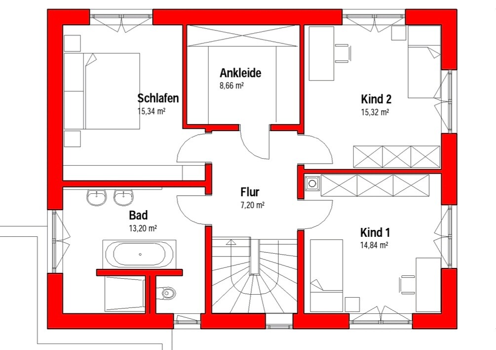 Grundriss eines Obergeschosses mit Flur, Treppe, Schlafen, Bad, Ankleide, Kind 1, Kind 2