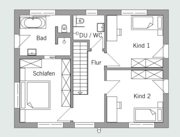 Obergeschoss Grundriss mit Schlafzimmer, Kind 1, Kind 2, Bad und Flur