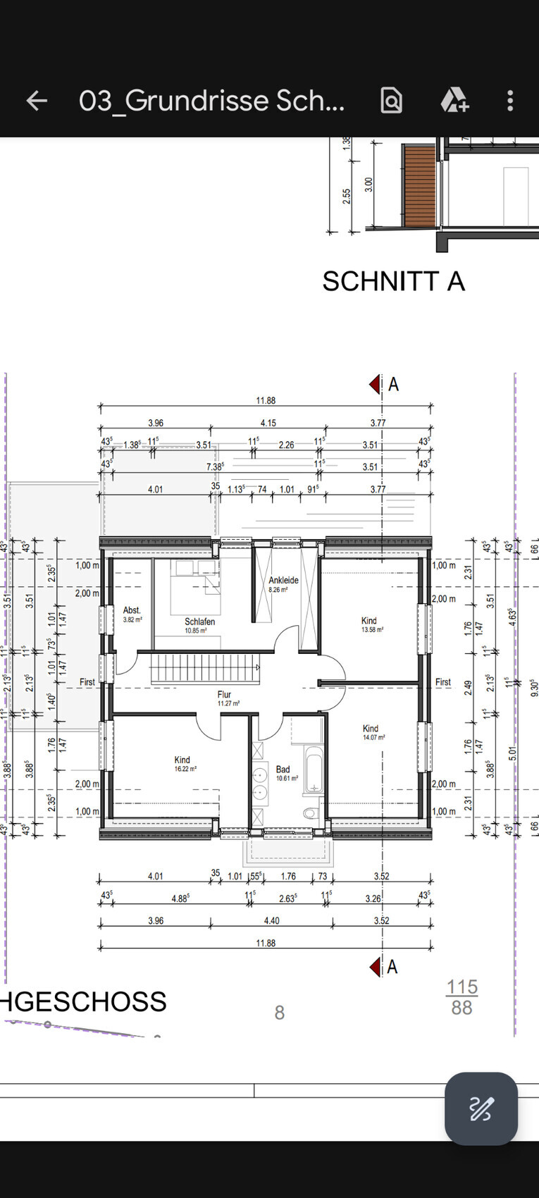 Grundriss der oberen Etage: Schlafen, Bad, Ankleide, Flur, Kind- und Abstellräume.
