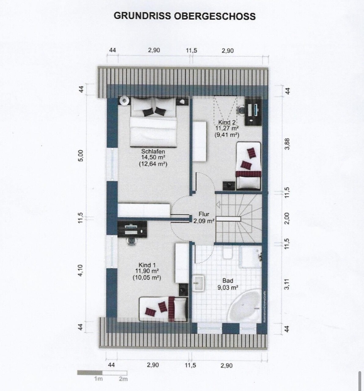 OG-Grundriss des Obergeschosses: Schlafzimmer, Kind 1, Kind 2, Flur, Bad und Treppe.