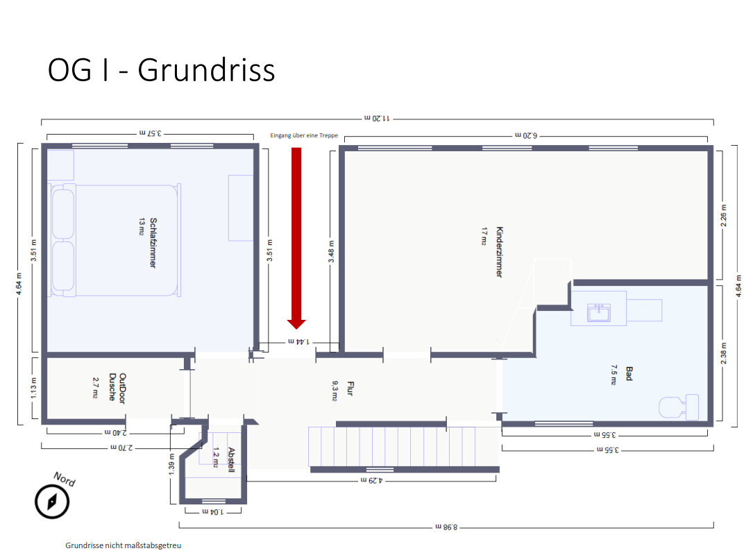 OG I - Grundriss: Schlafzimmer links, Kinderzimmer rechts, Bad, Flur, Treppen, Außen Dusche.