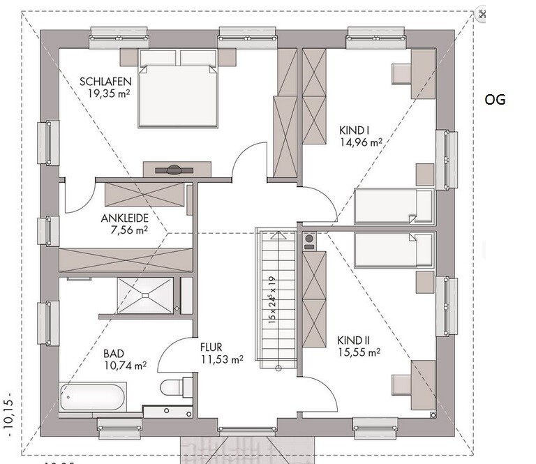 Grundriss OG: Schlafzimmer, Ankleide, Bad, Flur, 2 Kinderzimmer, Treppe.