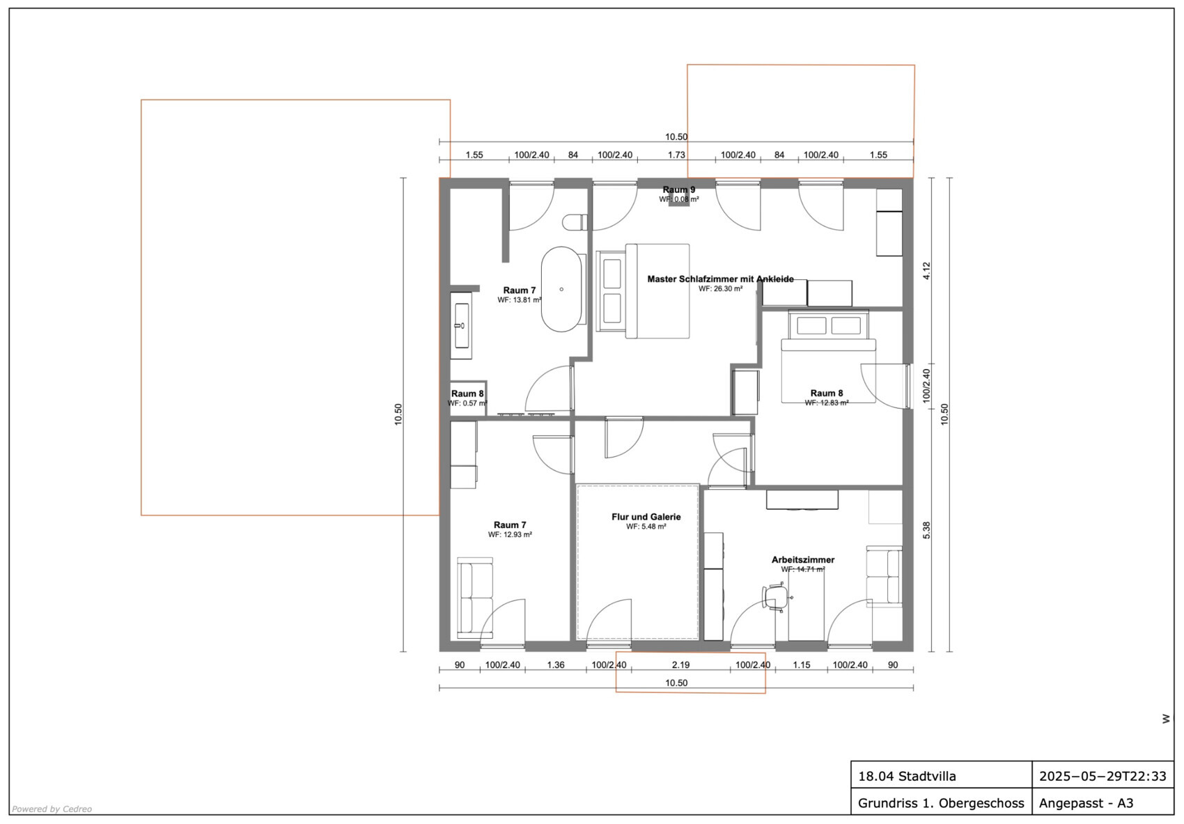 Grundriss des 1. Obergeschosses: Master-Schlafzimmer mit Ankleide, Arbeitszimmer, Flur und Galerie.