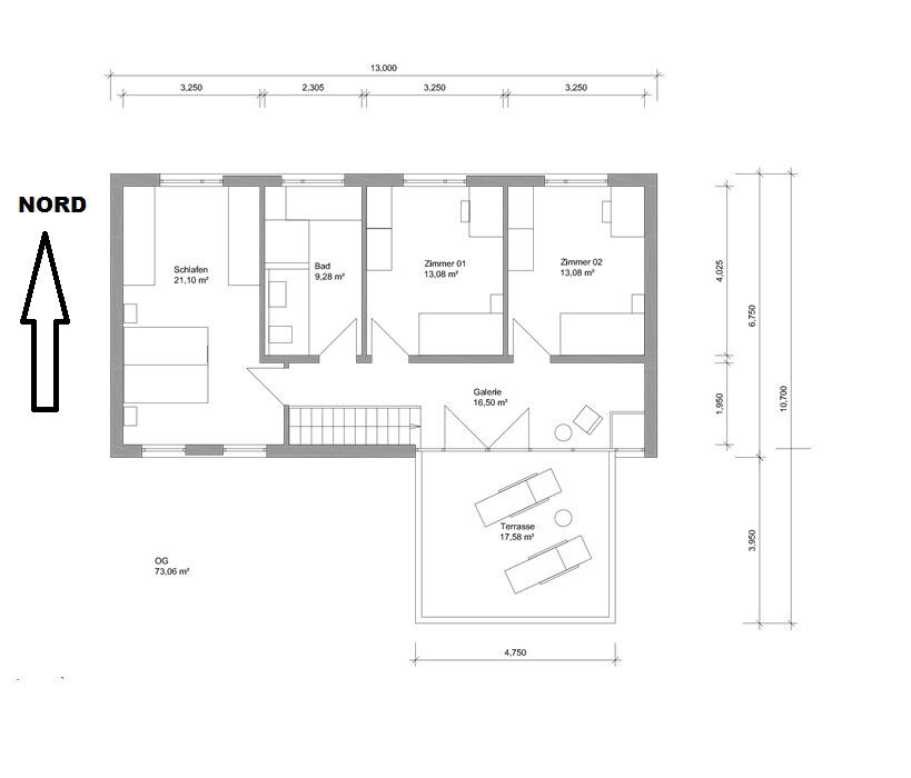 Grundriss eines Obergeschosses mit Schlafzimmern, Bad, Galerie und Terrasse