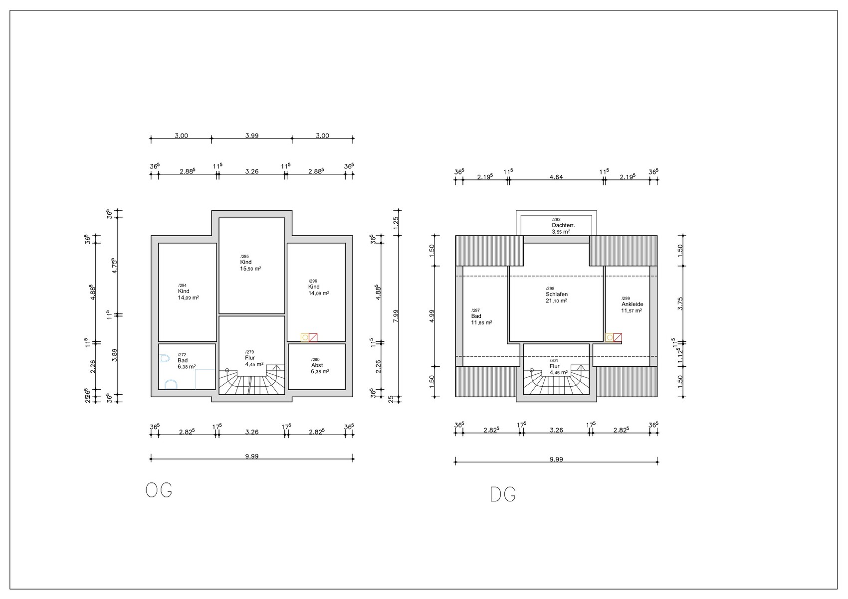 OG- und DG-Grundriss eines Hauses mit Zimmern, Treppenhaus und Maßen.
