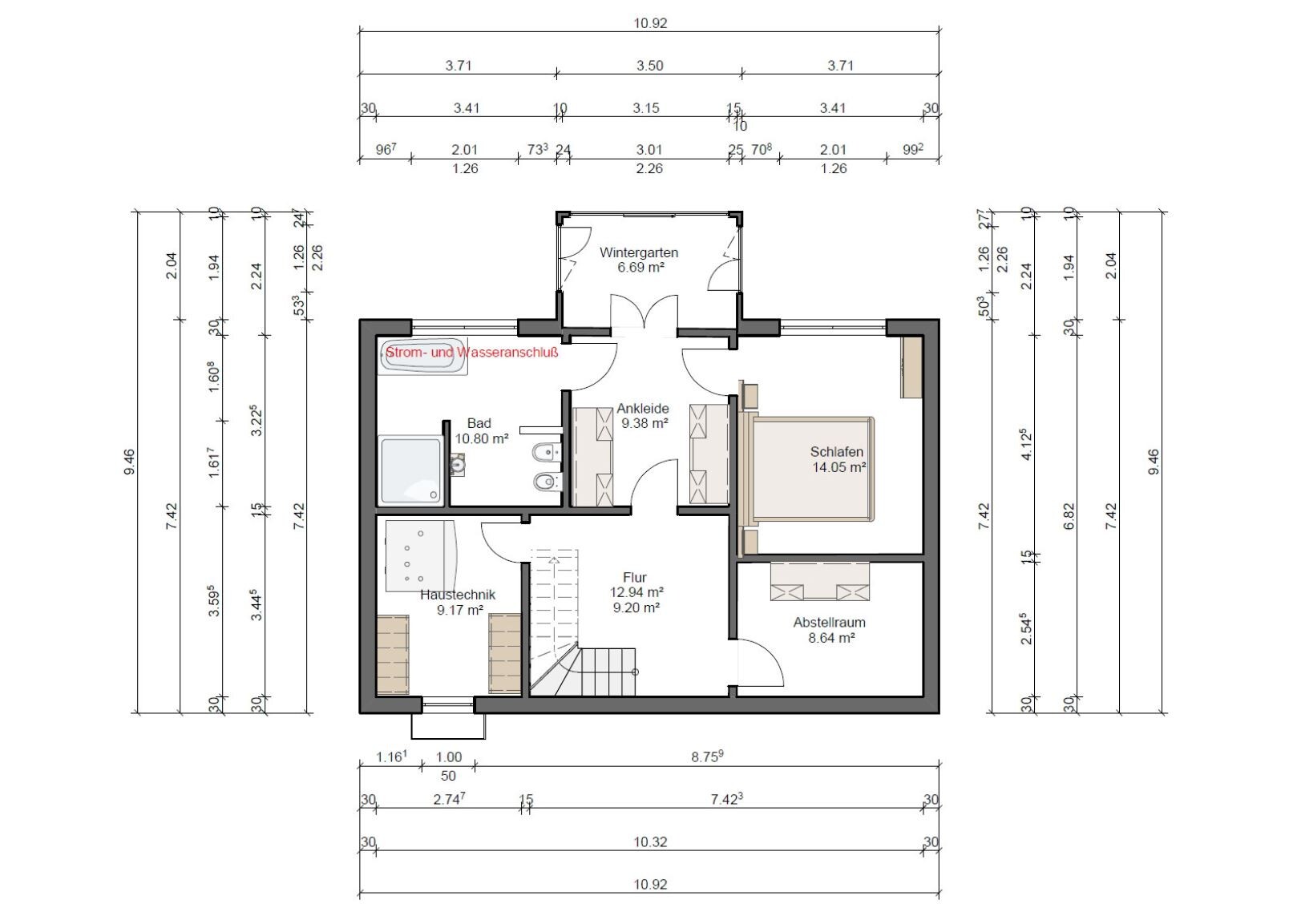 Obergeschoss-Grundriss mit Schlafen, Bad, Ankleide, Flur, Wintergarten und Abstellraum.