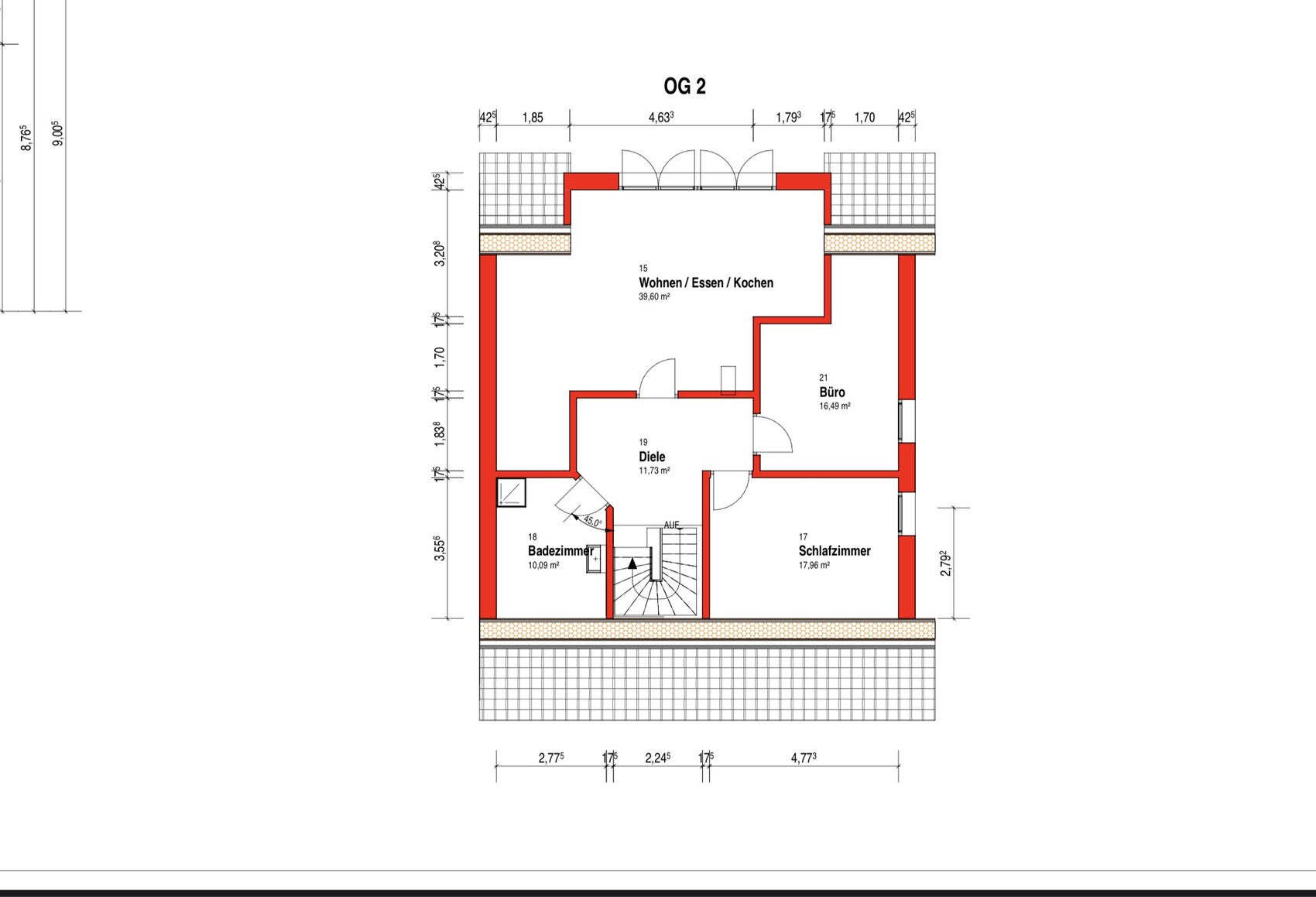 OG 2 Grundriss: Wohnen/Essen/Kochen, Diele, Badezimmer, Schlafzimmer, Büro, Balkone.