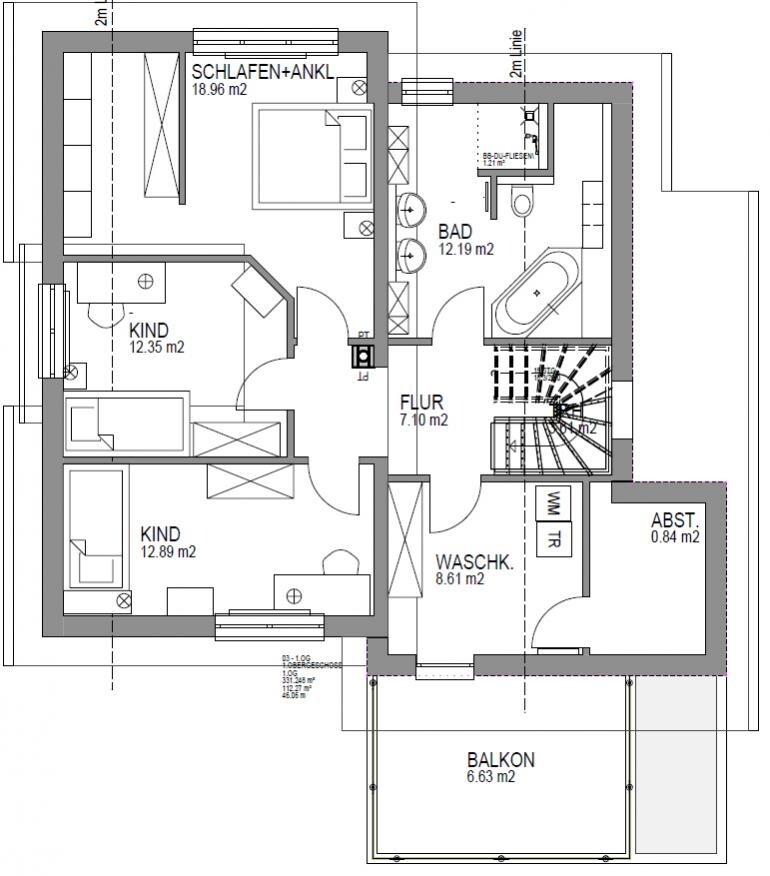 Grundriss eines Obergeschosses mit Schlafzimmer, Kinderzimmer, Bad, Flur und Balkon