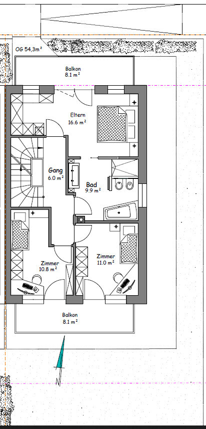 Grundriss Obergeschoss: 54,3 m², Eltern, zwei Zimmer, Bad, Gang, Balkon