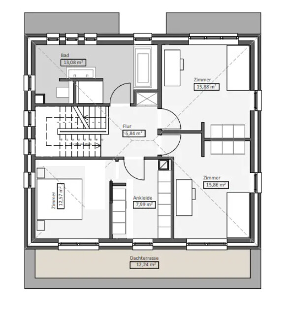 Grundriss Obergeschoss mit Flur, Zimmern, Bad, Ankleide und Dachterrasse.