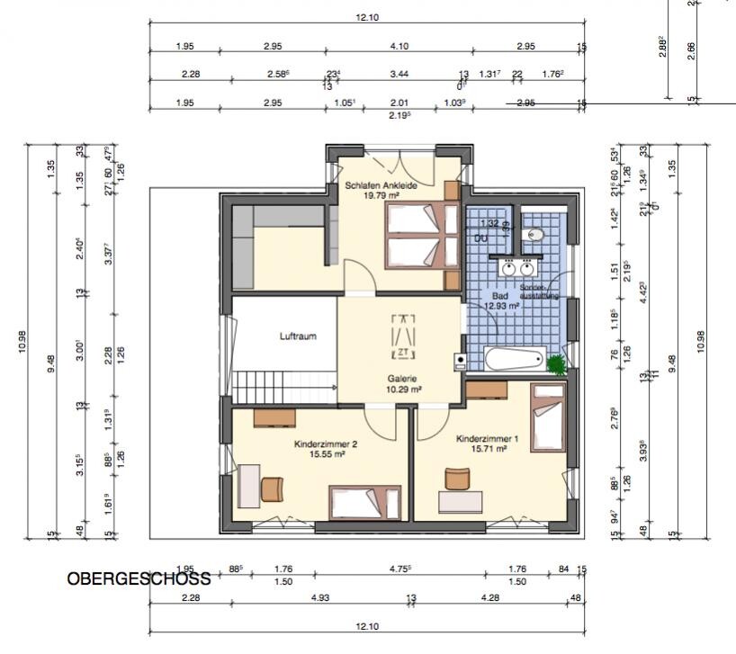 Grundriss des Obergeschosses mit Schlafen, Ankleide, Bad, Galerie und zwei Kinderzimmern.