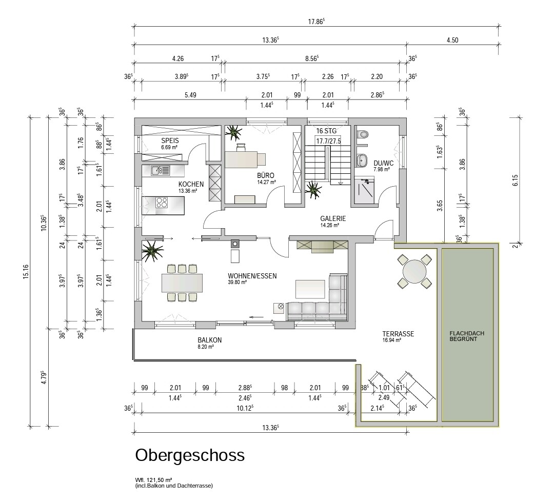 Detaillierter Obergeschoss-Grundriss mit Wohn-, Küche-, Bürobereichen, Terrasse und Balkon.