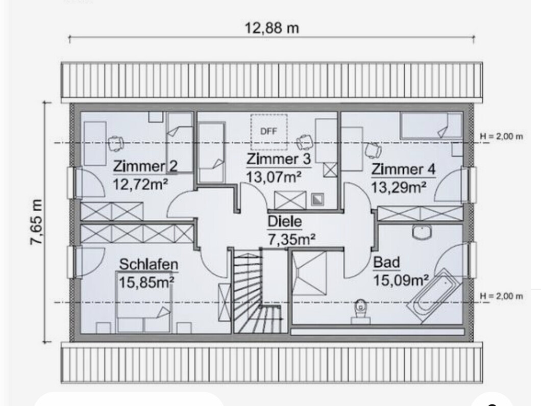 Grundriss Obergeschoss mit Schlafen, Diele, Bad und Zimmer 2–4 (Flächenangaben)