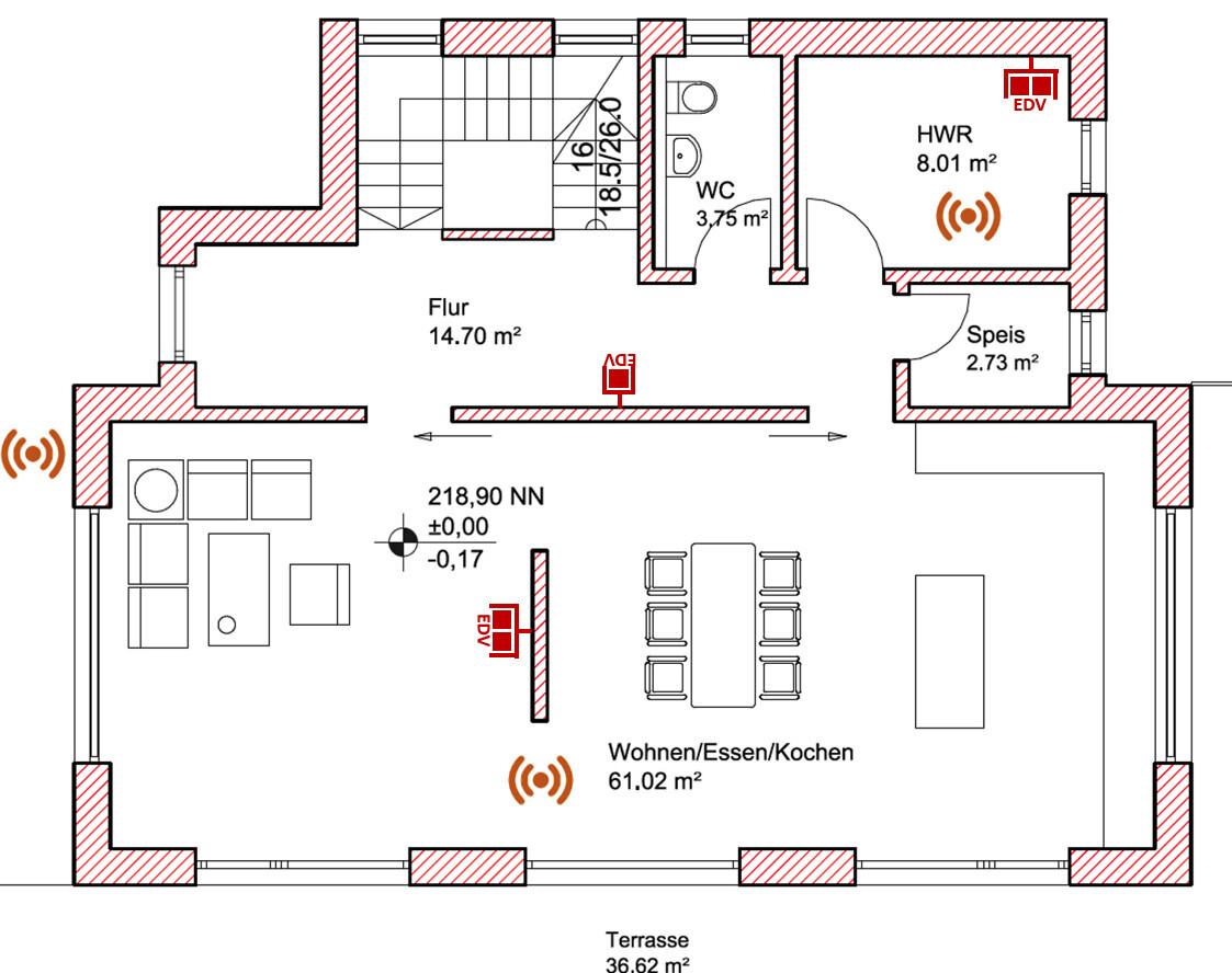 Grundriss einer Wohnung: Flur, Wohnen/Essen/Kochen, Terrasse, Speis, HWR, WC.