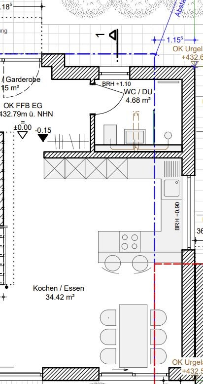 Grundriss: Kochen / Essen mit Esstisch, Garderobe und WC/DU.
