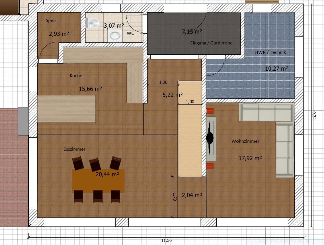 2D-Grundriss eines Hauses mit Küche, Esszimmer, Wohnzimmer und Technikraum