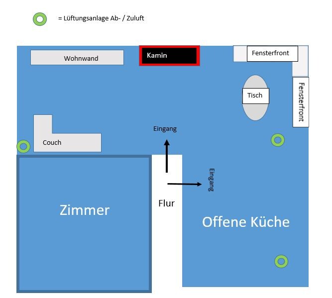 2D Grundriss eines offenen Küchen- und Wohnbereichs mit Kamin, Flur und Zimmer.
