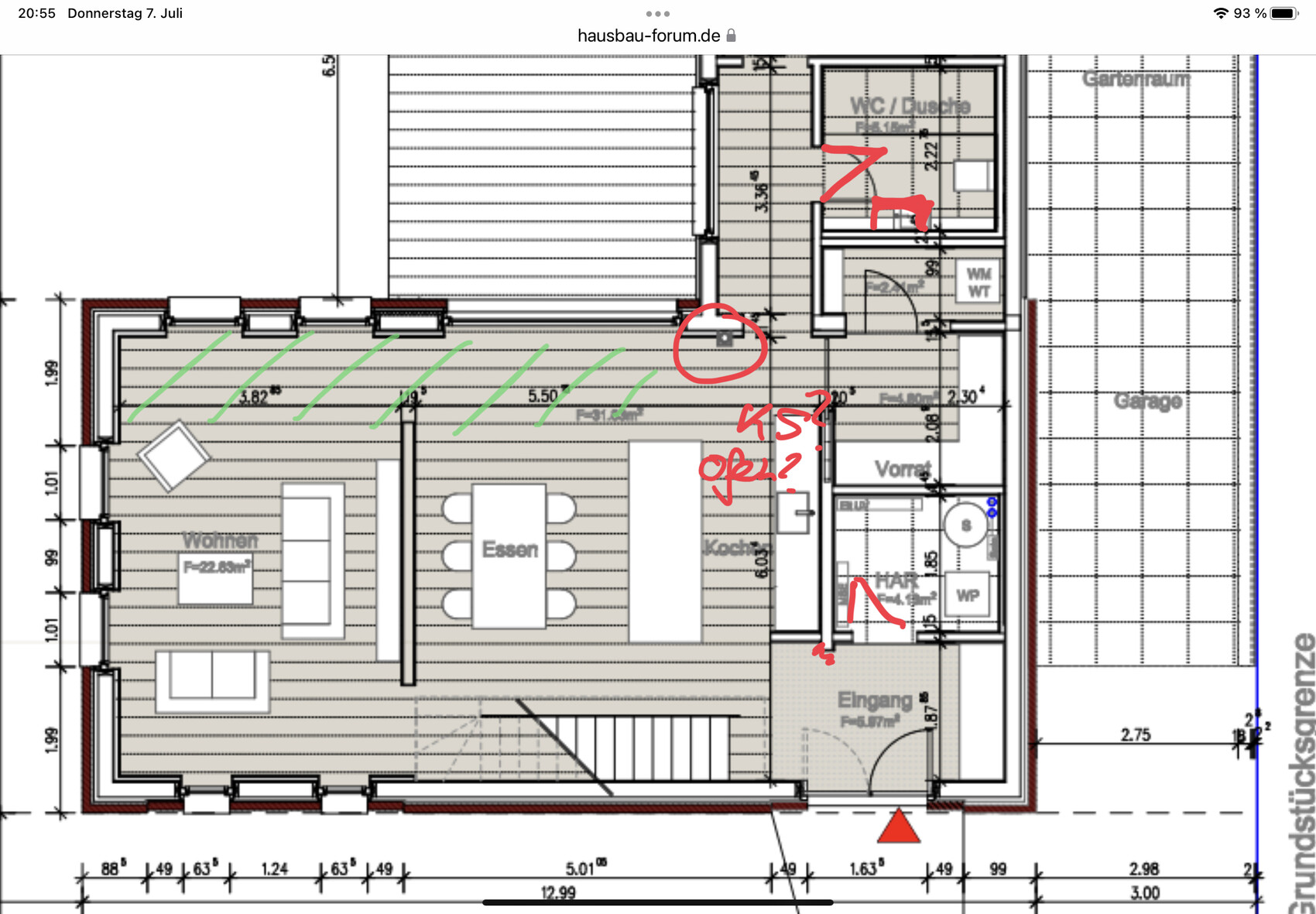 Grundriss eines Hauses: Wohnen, Essen, Küche, Eingang, WC/Dusche und Garage.