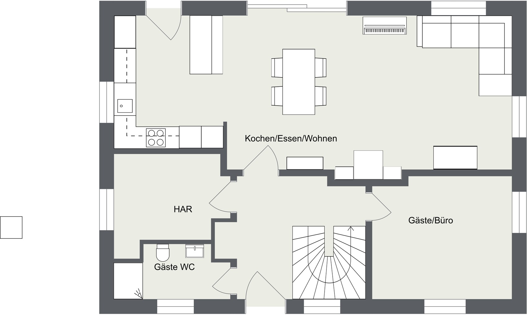 Grundriss einer Wohnung: Kochen/Essen/Wohnen, HAR, Gäste/WC, Gäste/Büro, Treppe.