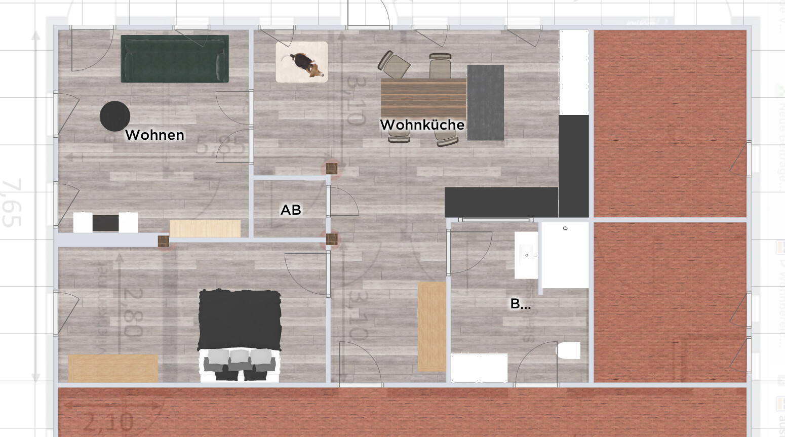 Grundriss eines Wohnhauses: links Wohnzimmer, Mitte Wohnküche, rechts Bad und AB, unten Schlafzimmer