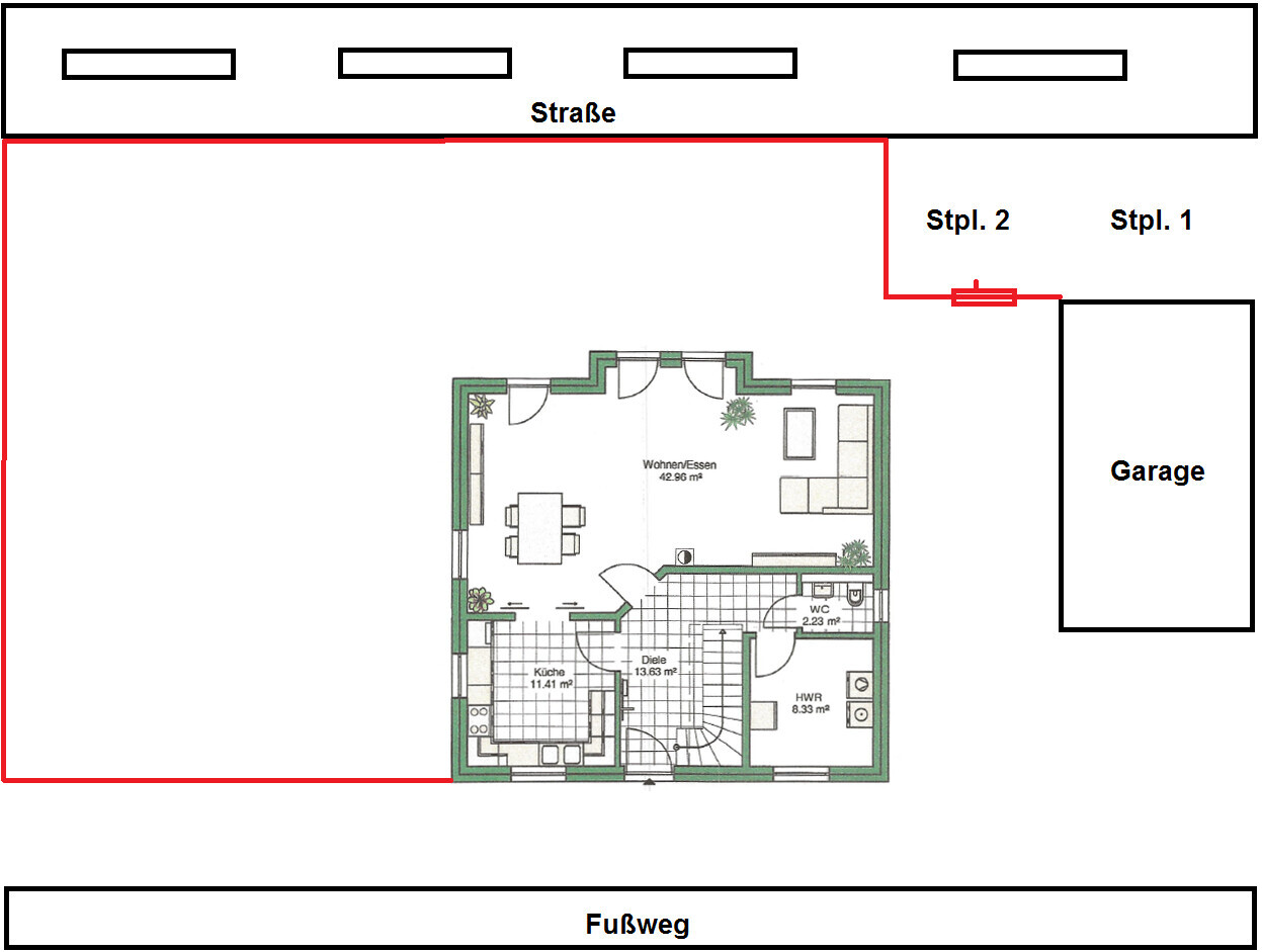 Grundriss eines Hauses mit Wohn- und Essbereich, Küche, Diele, WC, HWR und Garage; Straße oben.