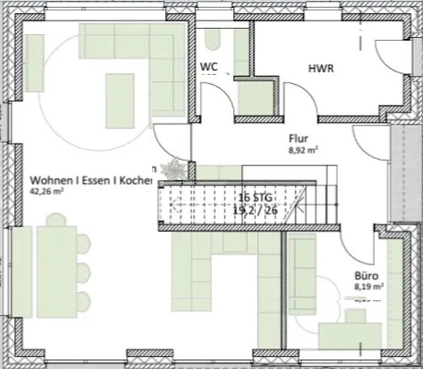 Grundriss eines Hauses mit offenem Wohn-, Ess- und Kochbereich