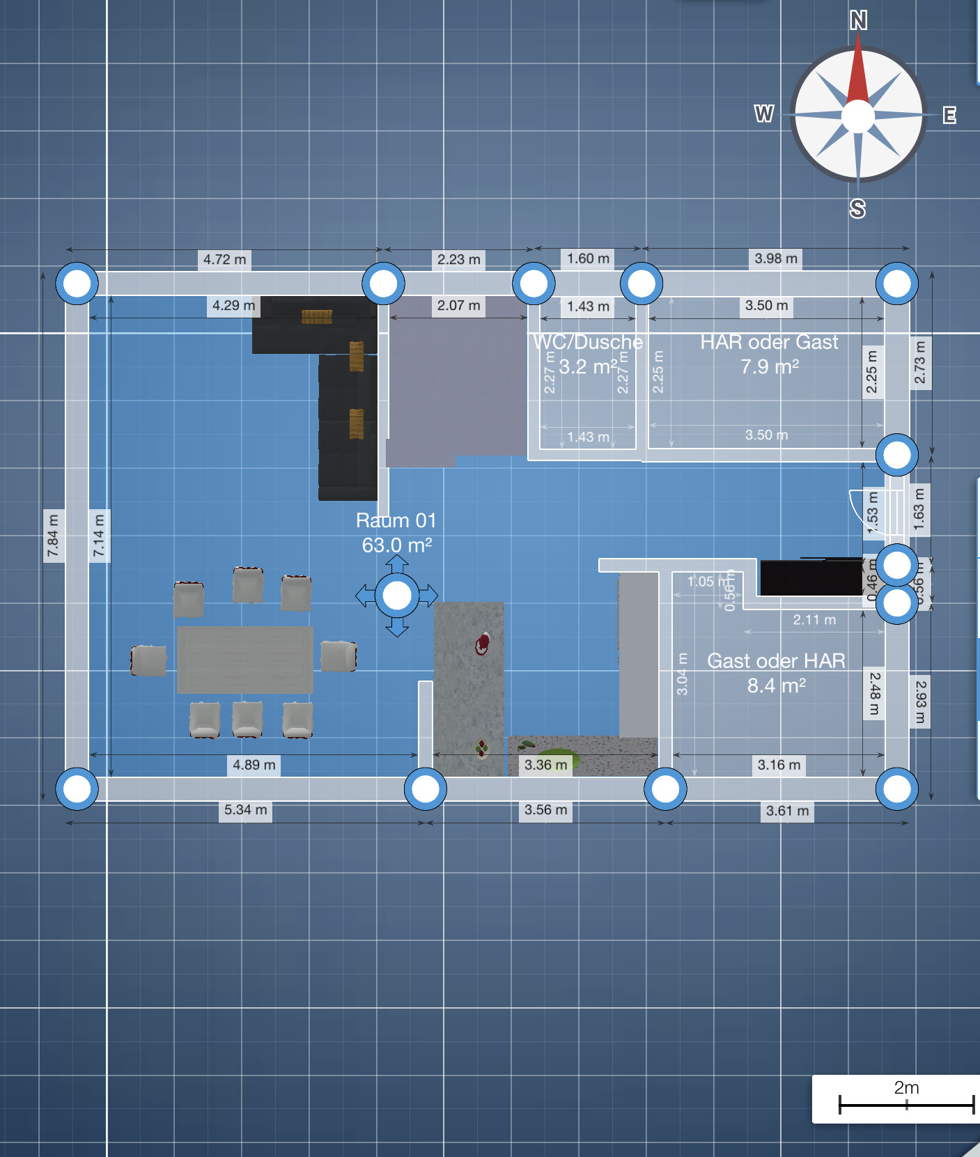 Grundriss eines Restaurant-Innenplans: Raum 01 (63 m²) und Gastraum mit Maßen.