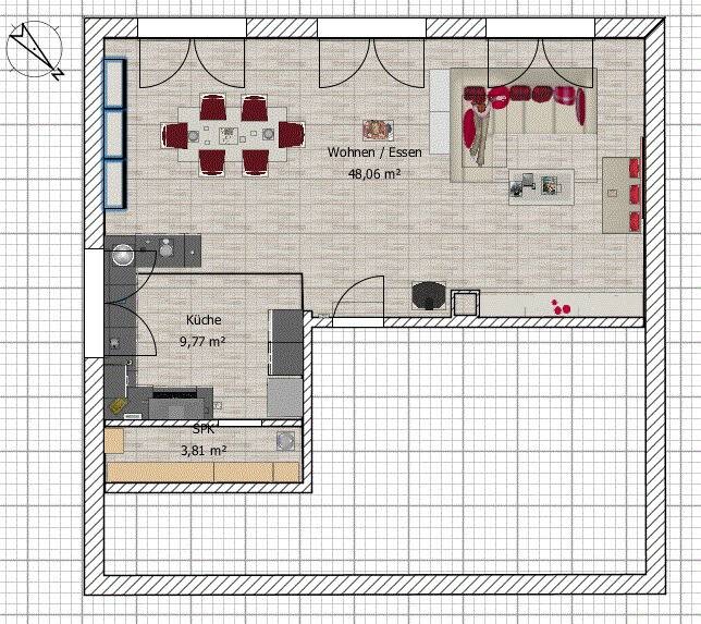 Grundriss eines Apartments: offener Wohn-/Essbereich, Küche, Schlafbereich mit Bett, Türen.