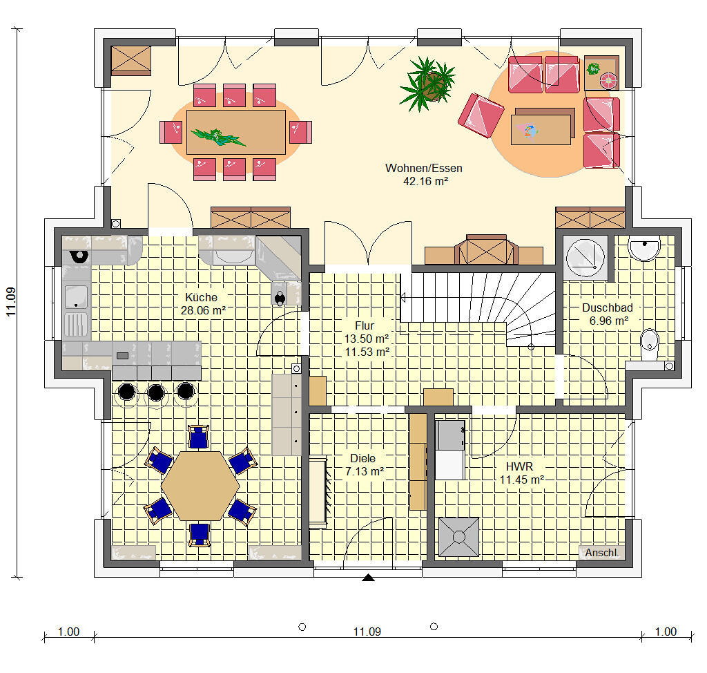 Grundriss eines Hauses: Küche links, Wohnen/Essen Mitte, Duschbad rechts, Flur, Diele, HWR.
