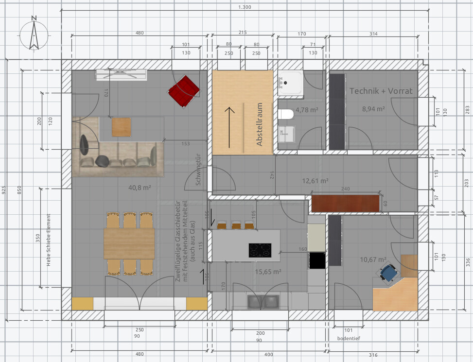 Detailreicher Grundriss eines Hauses mit Küche, Essbereich, Wohnzimmer, Abstellraum und Technikraum.