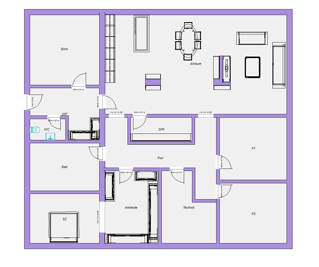 Grundriss eines Hauses mit Büro, Allraum, Flur, Bad, WC, SZ, Ankleide, Technik, K1, K2, SPK