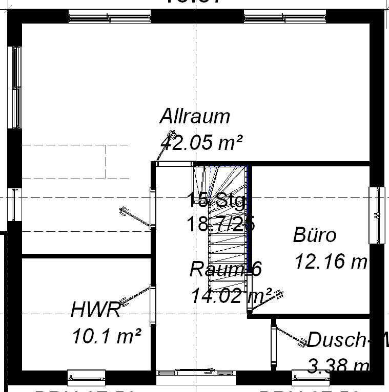 Grundriss: Allraum 42 m², Büro 12 m², HWR 10 m², Raum 6 14 m², Dusche 3,4 m²