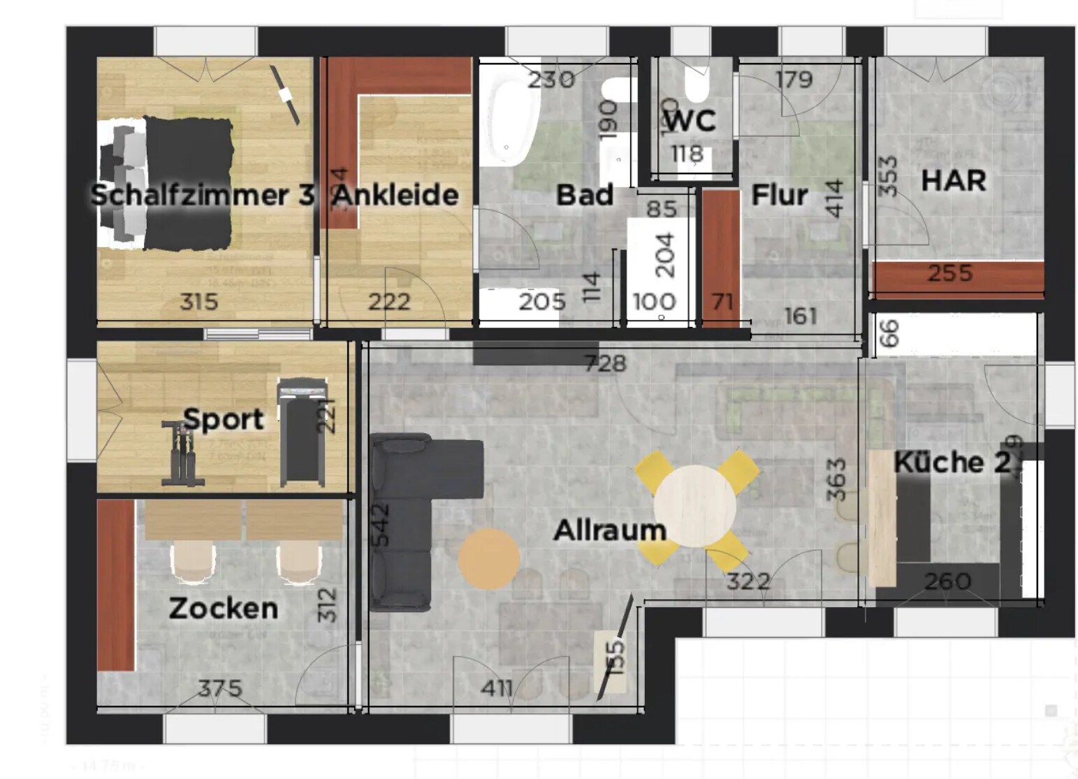 Grundriss eines Apartments: Allraum, Küche 2, Schlafzimmer 3, Ankleide, Bad, WC, Flur, HAR.