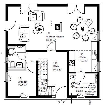 2D-Grundriss eines Hauses: Wohnzimmer, Essbereich, Küche, Diele und Treppen