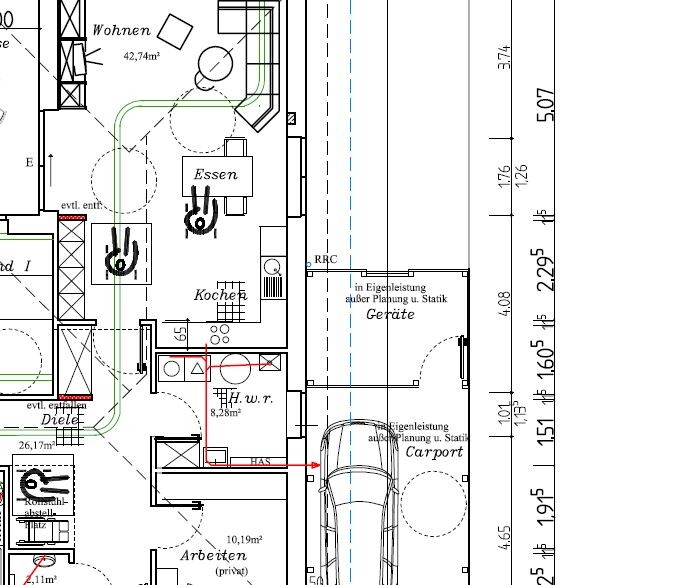 Grundriss eines Hauses: offener Wohn-, Ess- und Küchenbereich plus Carport.