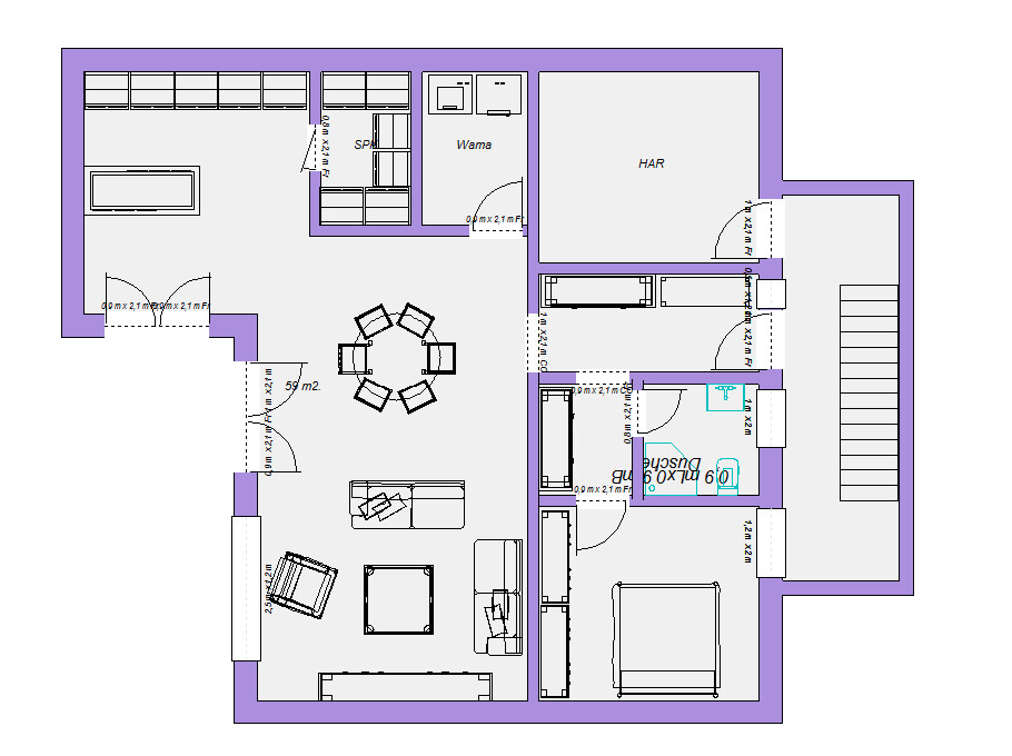 Grundriss eines Apartments: Wohnzimmer, Essbereich, Küche, Schlafzimmer, Bad, Abstellraum.