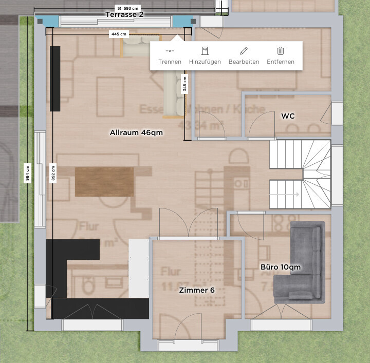 Grundriss eines Wohn- und Arbeitsbereichs: Allraum 46qm, Zimmer 6, Büro 10qm, WC, Terrasse 2