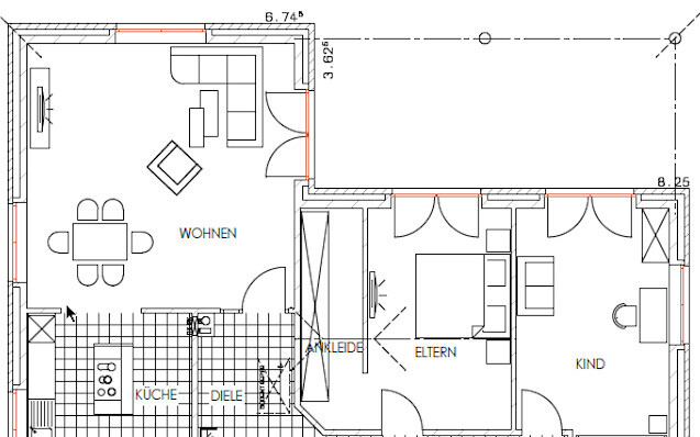 Grundriss eines Hauses: Wohn- und Esszimmer, Küche, Diele, Eltern- und Kinderzimmer.