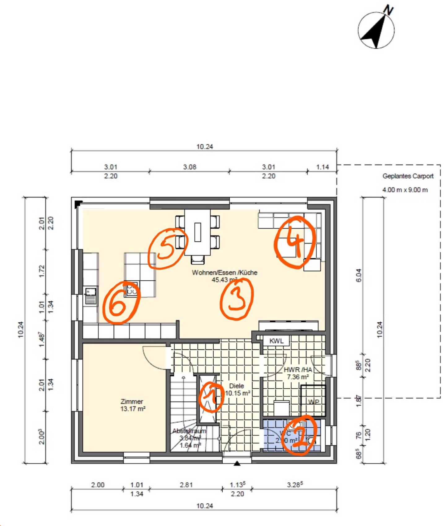 Grundriss eines Hauses: offener Wohn-/Ess-/Küchenbereich mit Esstisch, Diele, Zimmer, HWR/HA.