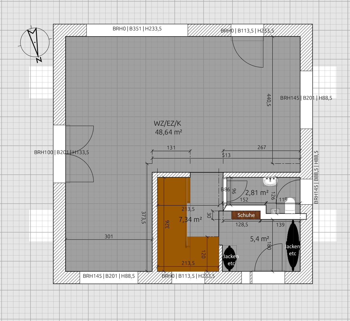 Grundriss eines offenen Wohn-/Ess-/Küchenbereichs (48,64 m²) mit Flur, Bad sowie Schuh-/Jackenbereich.