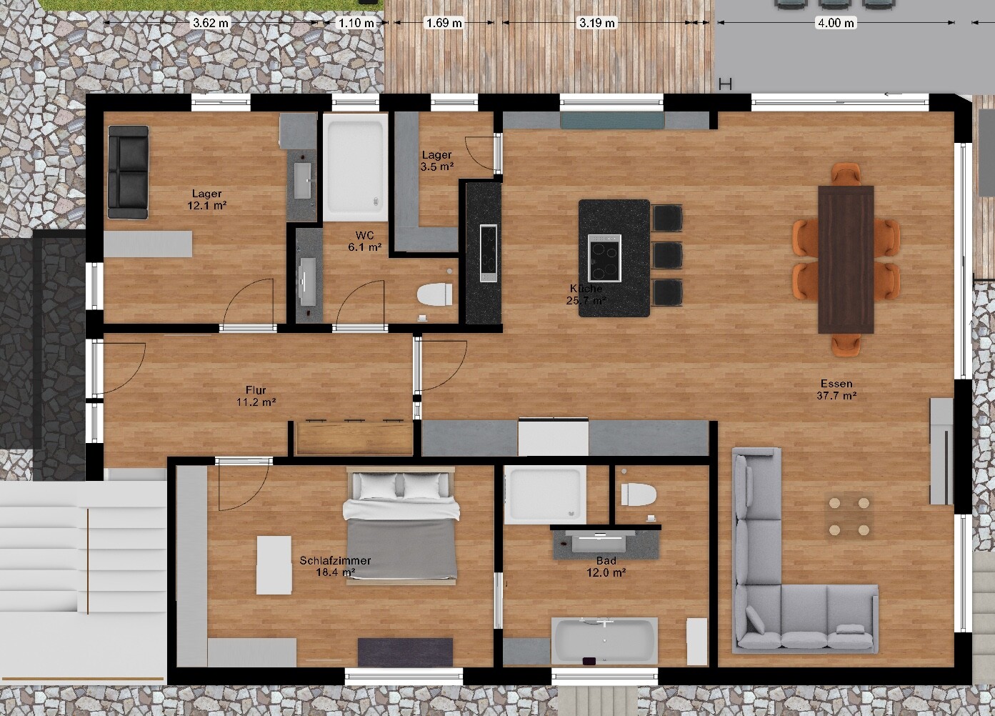 Übersichtlicher Grundriss eines Hauses mit Küche, Esszimmer, Wohnzimmer, Schlafzimmer, Bad.