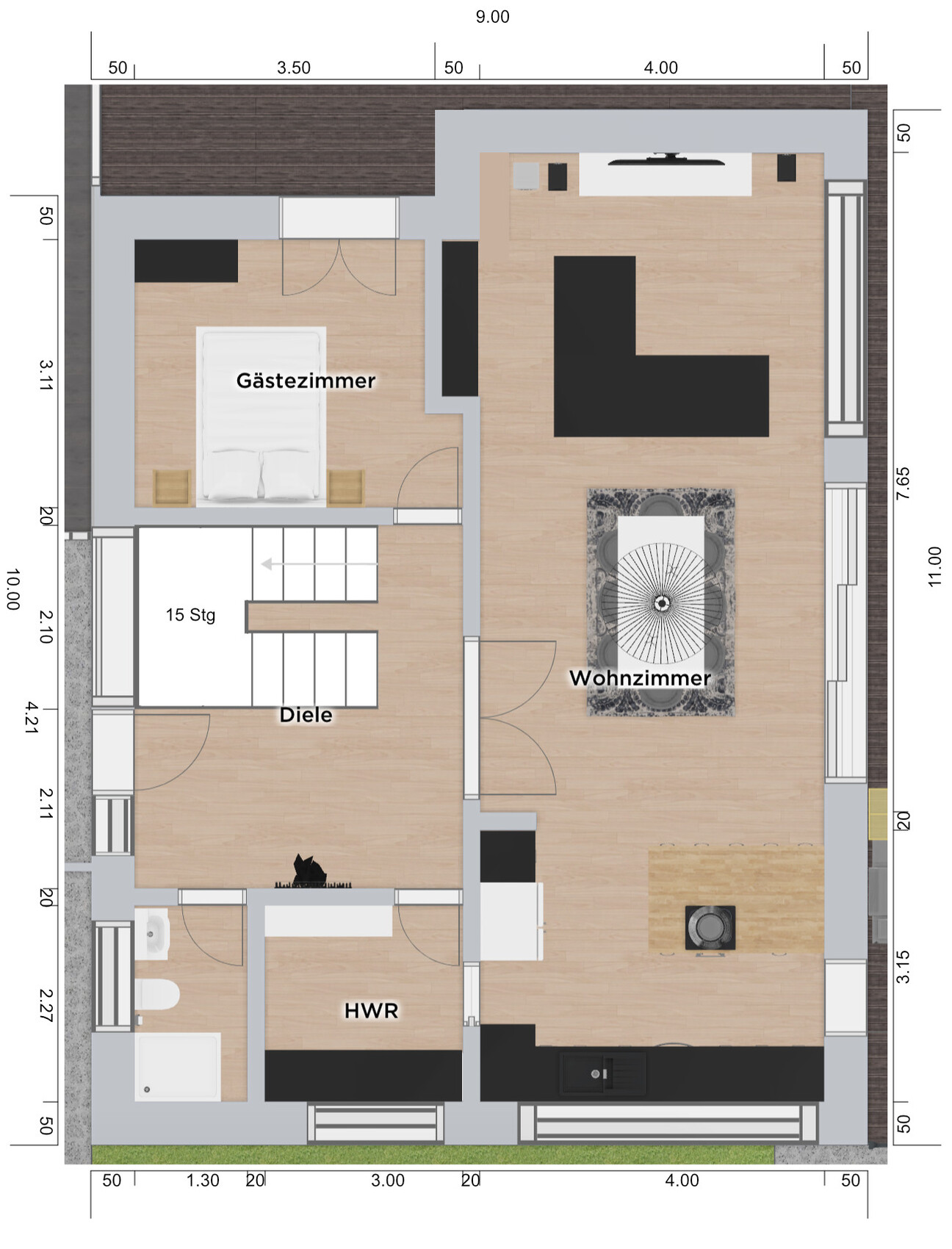 Grundriss eines Wohnapartments: Gästezimmer, Wohnzimmer, Diele, HWR; Möbel wie Bett und Sofa.