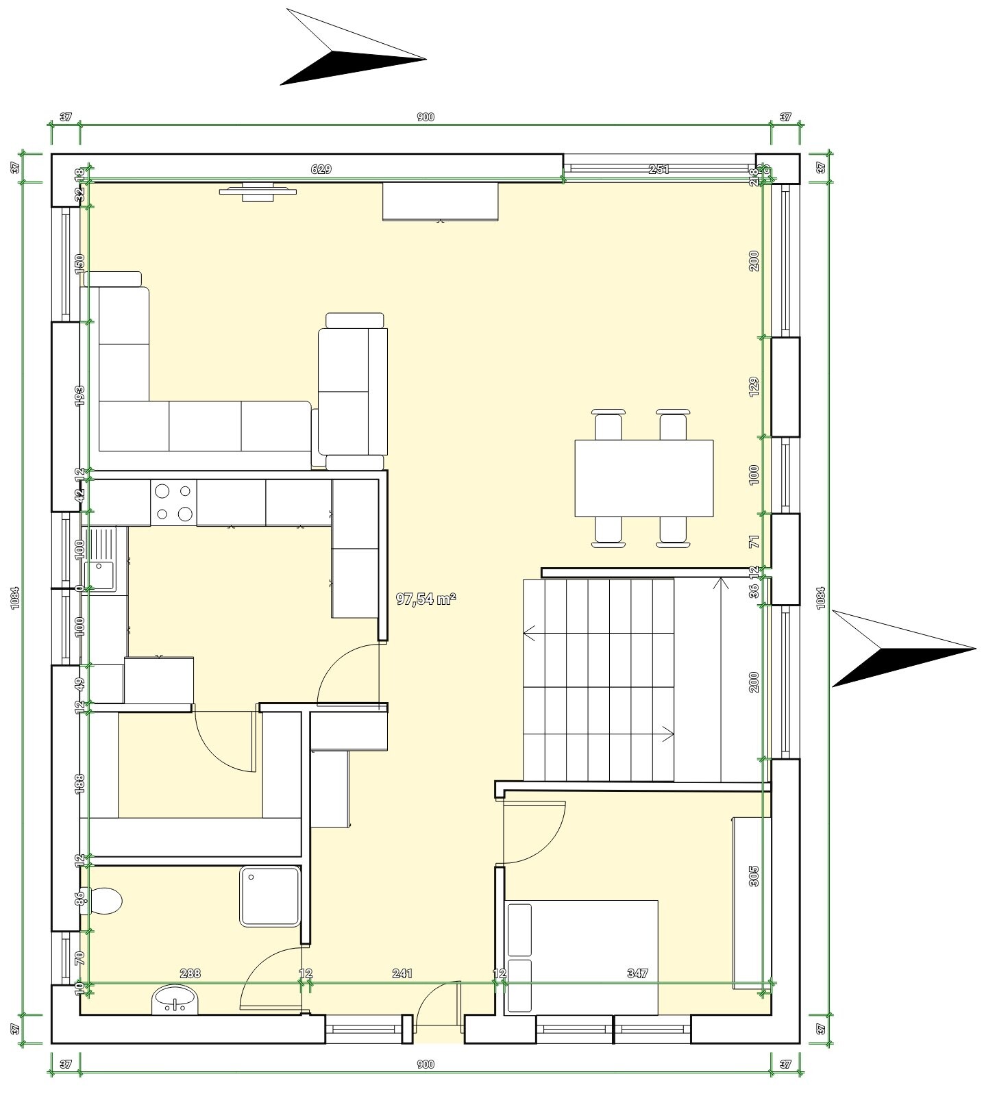 Grundriss eines offenen Wohn- und Essbereichs mit Küche, Sofa, Esstisch, Treppe und Schlafzimmer