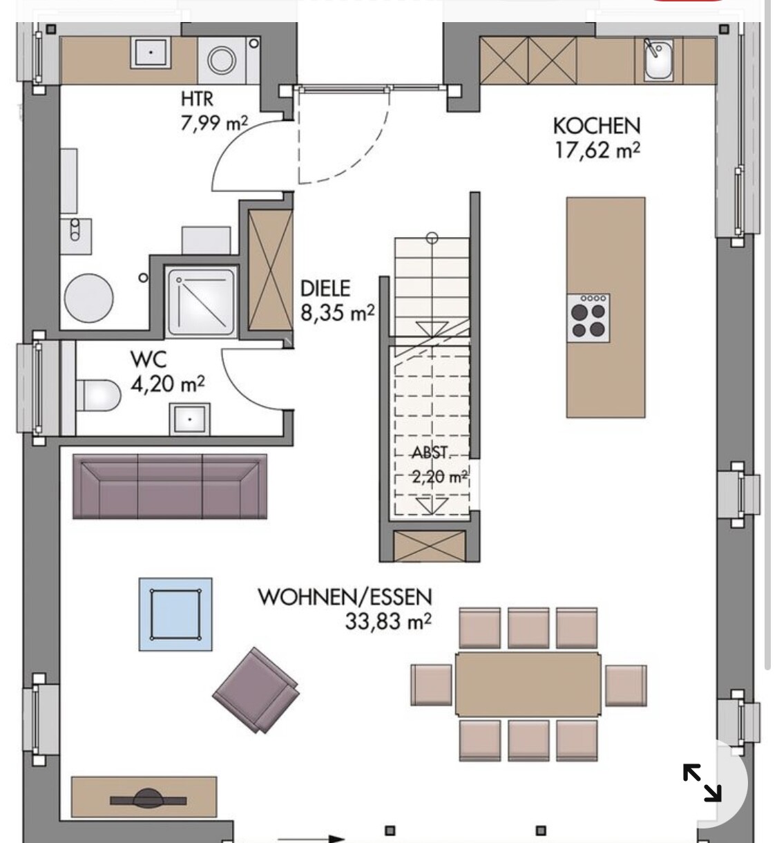 Grundriss eines Hauses: Küche, Wohn-/Essbereich, Diele, WC, Abstellraum, Treppe