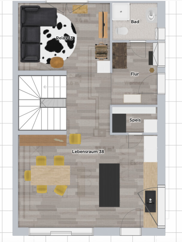 Grundriss eines Wohn- und Essbereichs: Wohnzimmer, Küche, Flur, Bad, Speis.